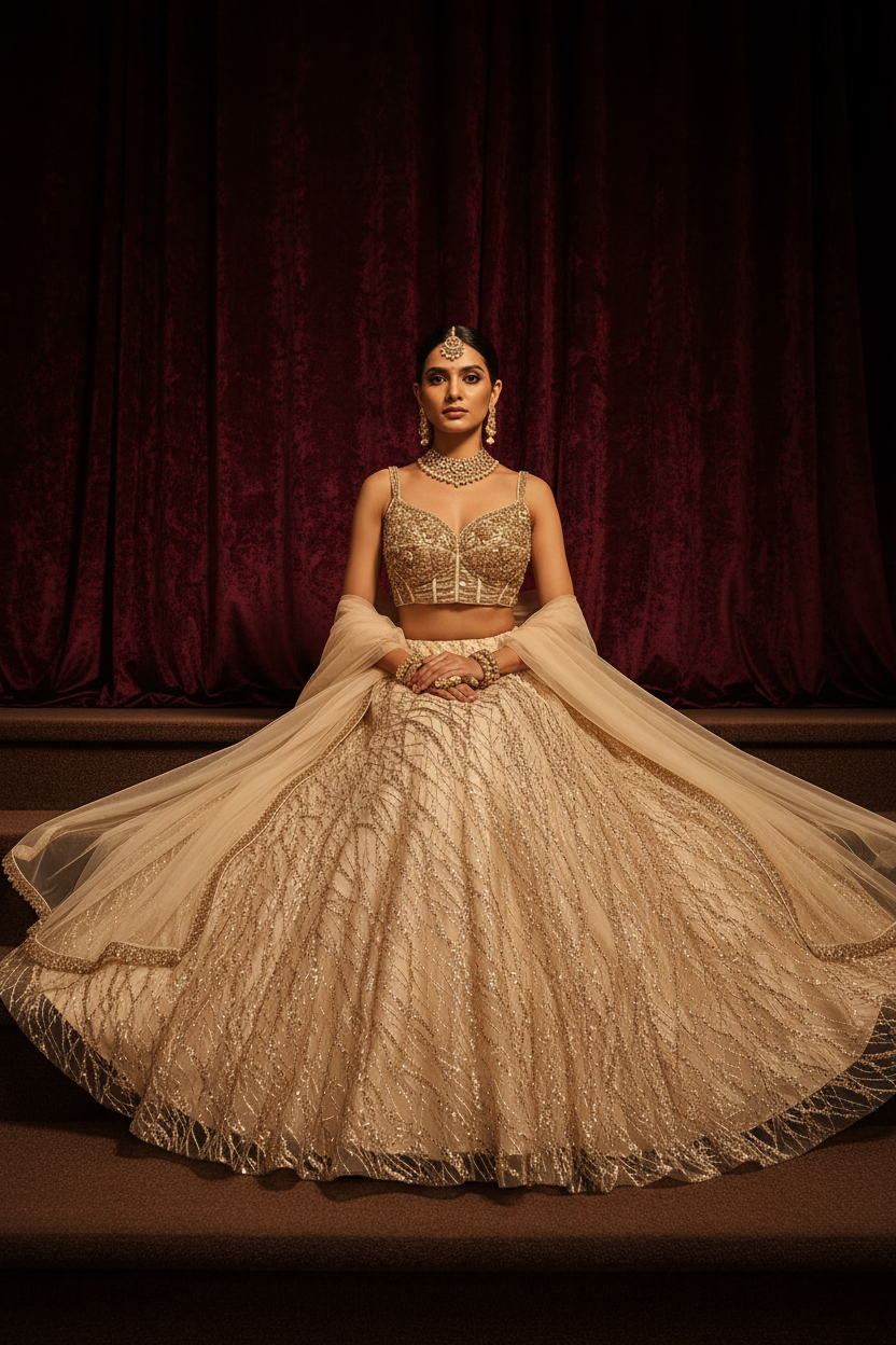 Ivory gold bridal lehenga - regal seated pose with lehenga fanned out