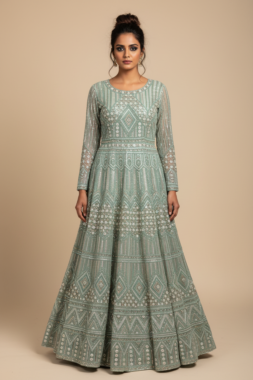 Sea foam anarkali - front pose without dupatta