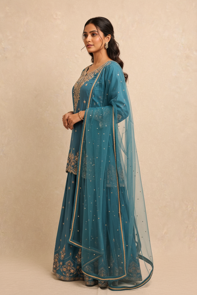 Teal embroidered sharara set - side profile