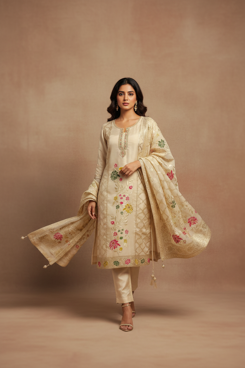 Ivory Floral Embroidered Set