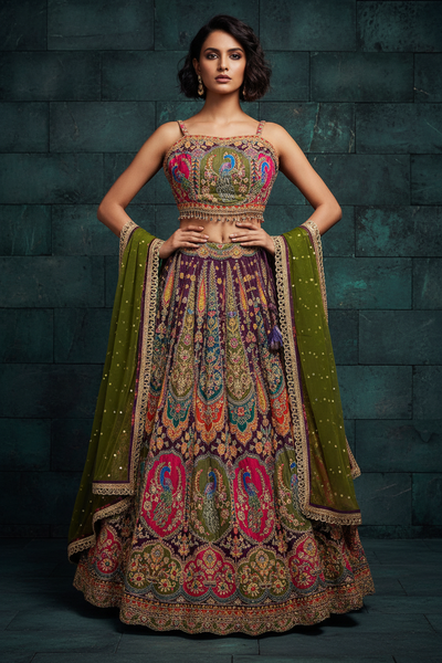 Purple Peacock Embroidered Lehenga