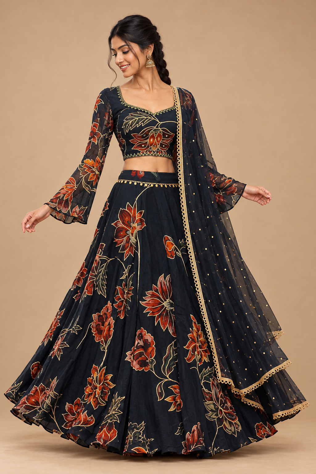 Three-quarter dance pose in dark floral Garba lehenga with matching blouse and dupatta