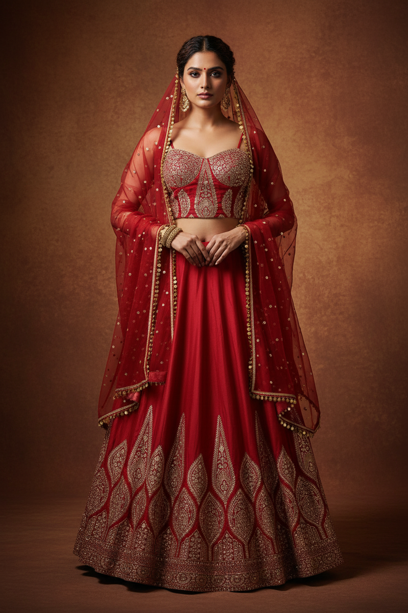 Red Benarsi Corset Lehenga Set
