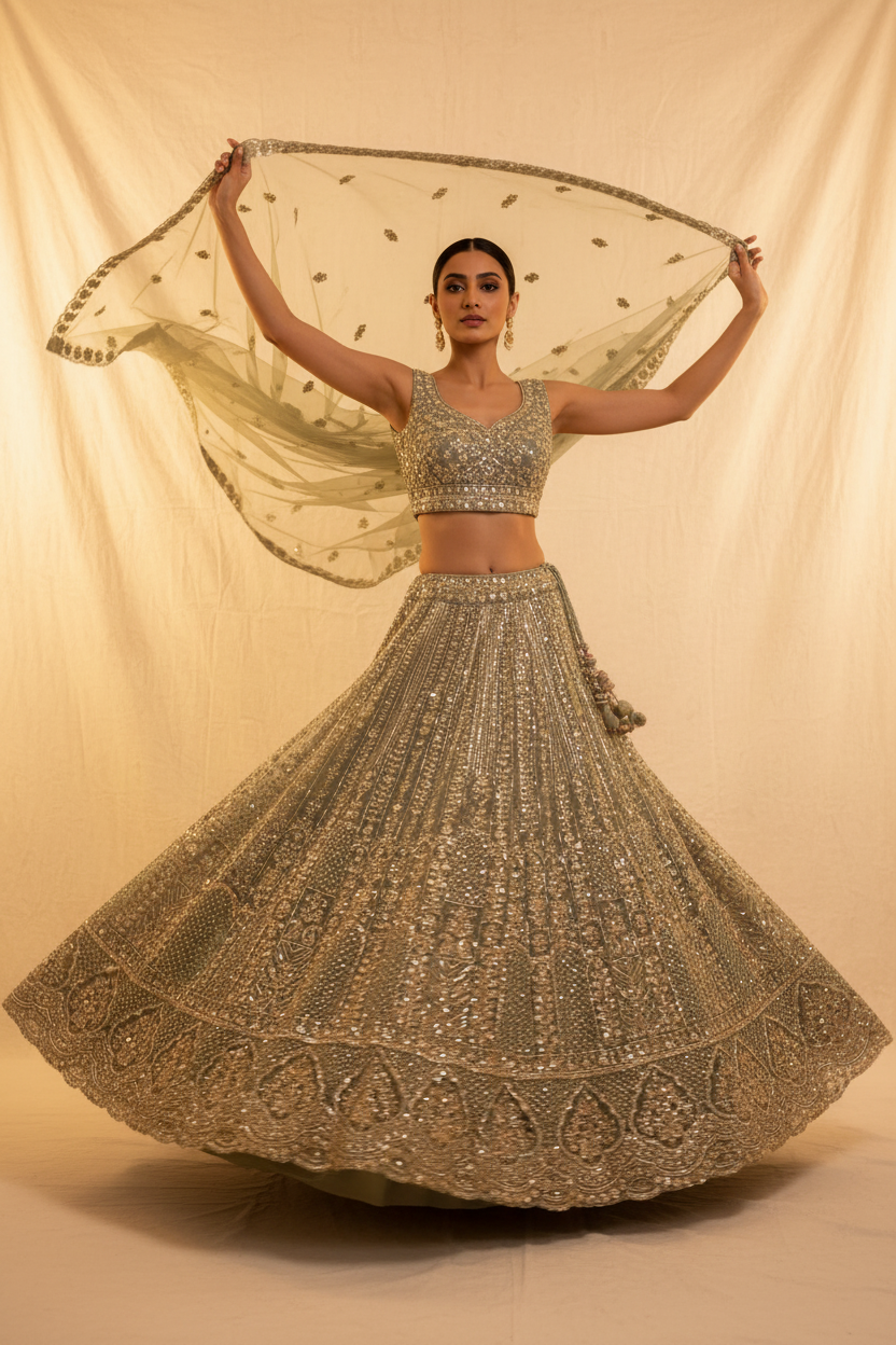 Sage green embroidered lehenga - dupatta spread twirl pose
