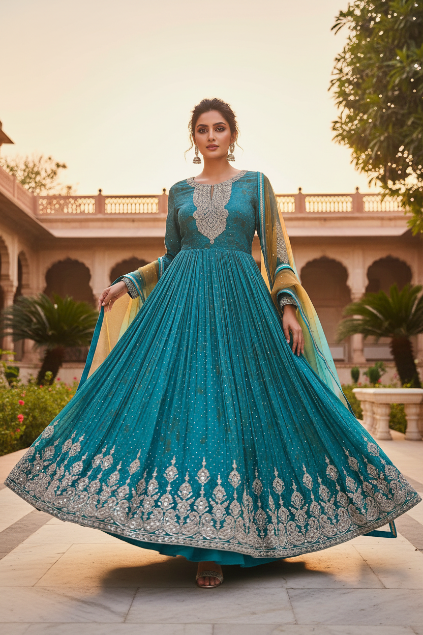 Teal Silver Anarkali Gown Set