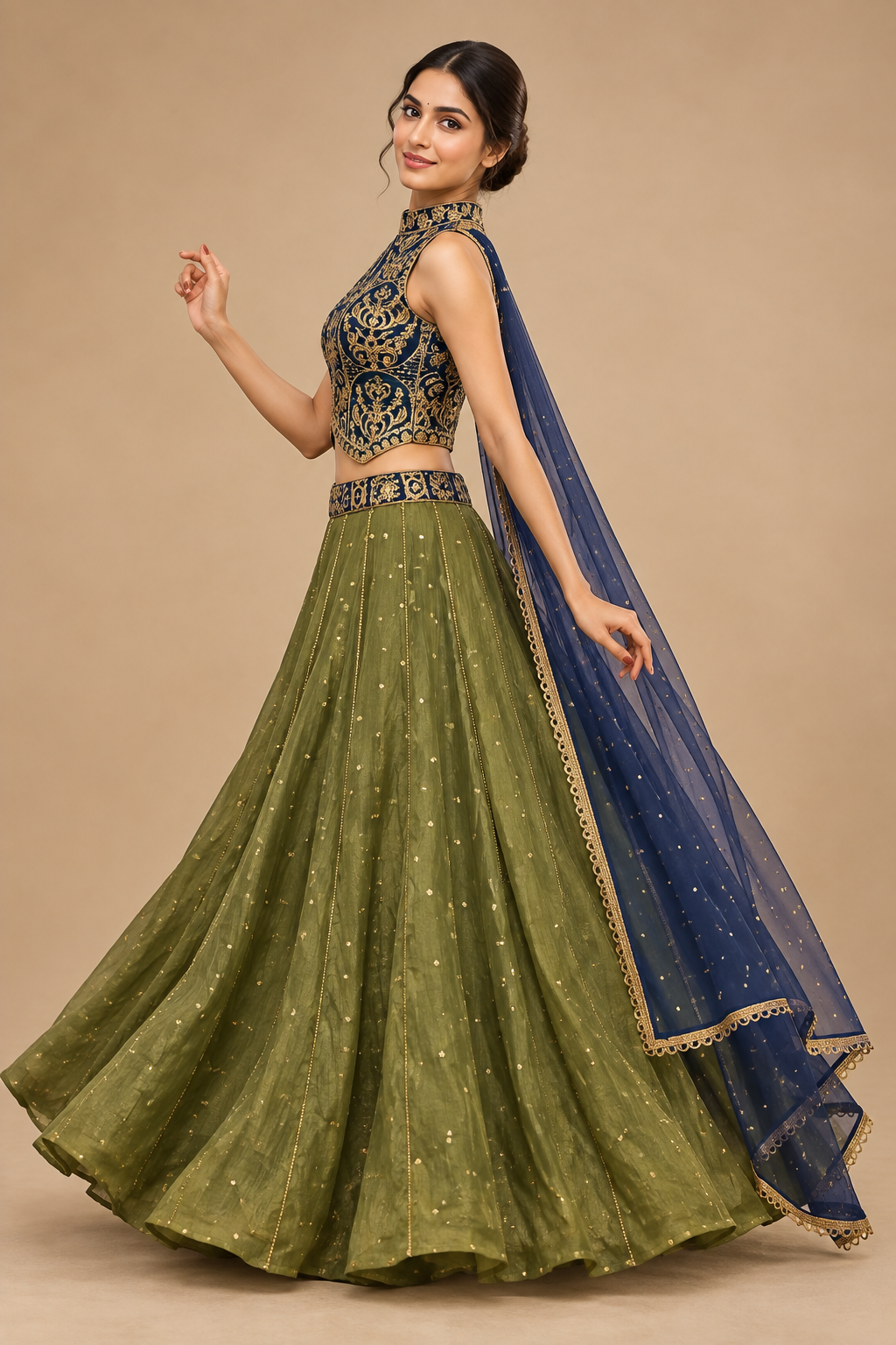 Side-angle Garba pose showing olive skirt, navy choli and gold-trimmed dupatta