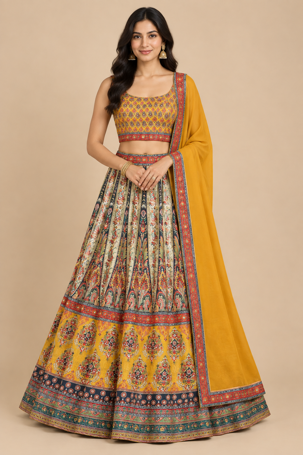 Model wearing a lehenga set with sleeveless blouse and plain bordered dupatta, front view