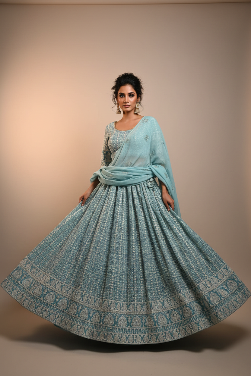 Mint Lucknowi Chikankari Lehenga Set