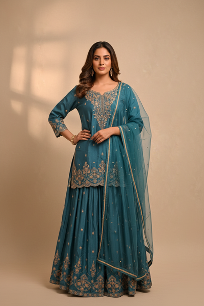 Teal Embroidered Lehenga Set