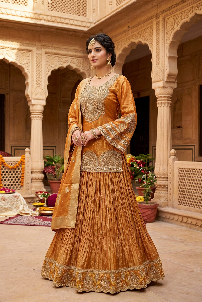 Three-quarter view of amber-gold lehenga showing flared embellished sleeves and pleated skirt in a heritage courtyard.