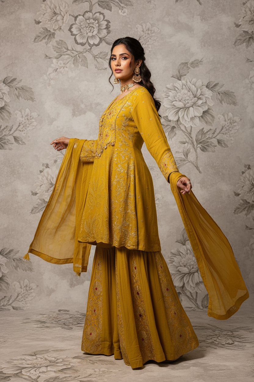 Model wearing mustard yellow embroidered sharara set, side profile pose