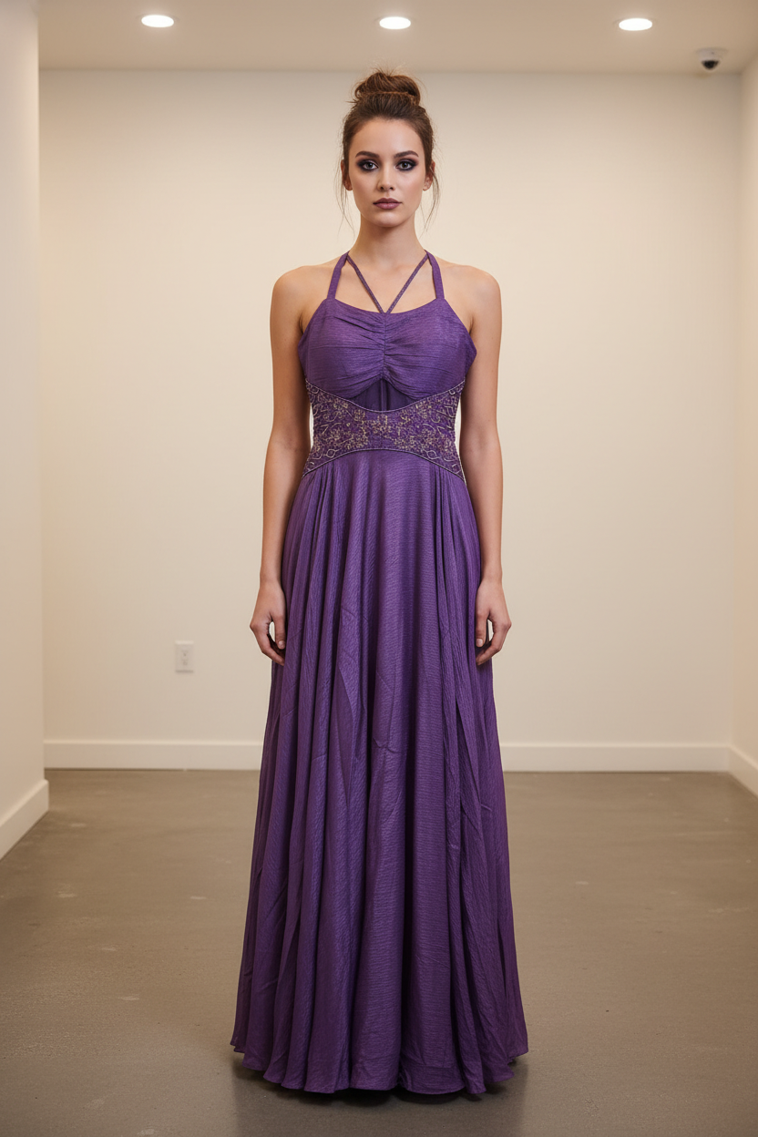 Model wearing a purple beaded evening gown without the sheer drape