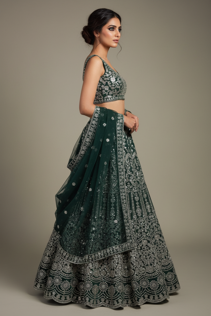 Emerald Lehenga with Silver Embroidery