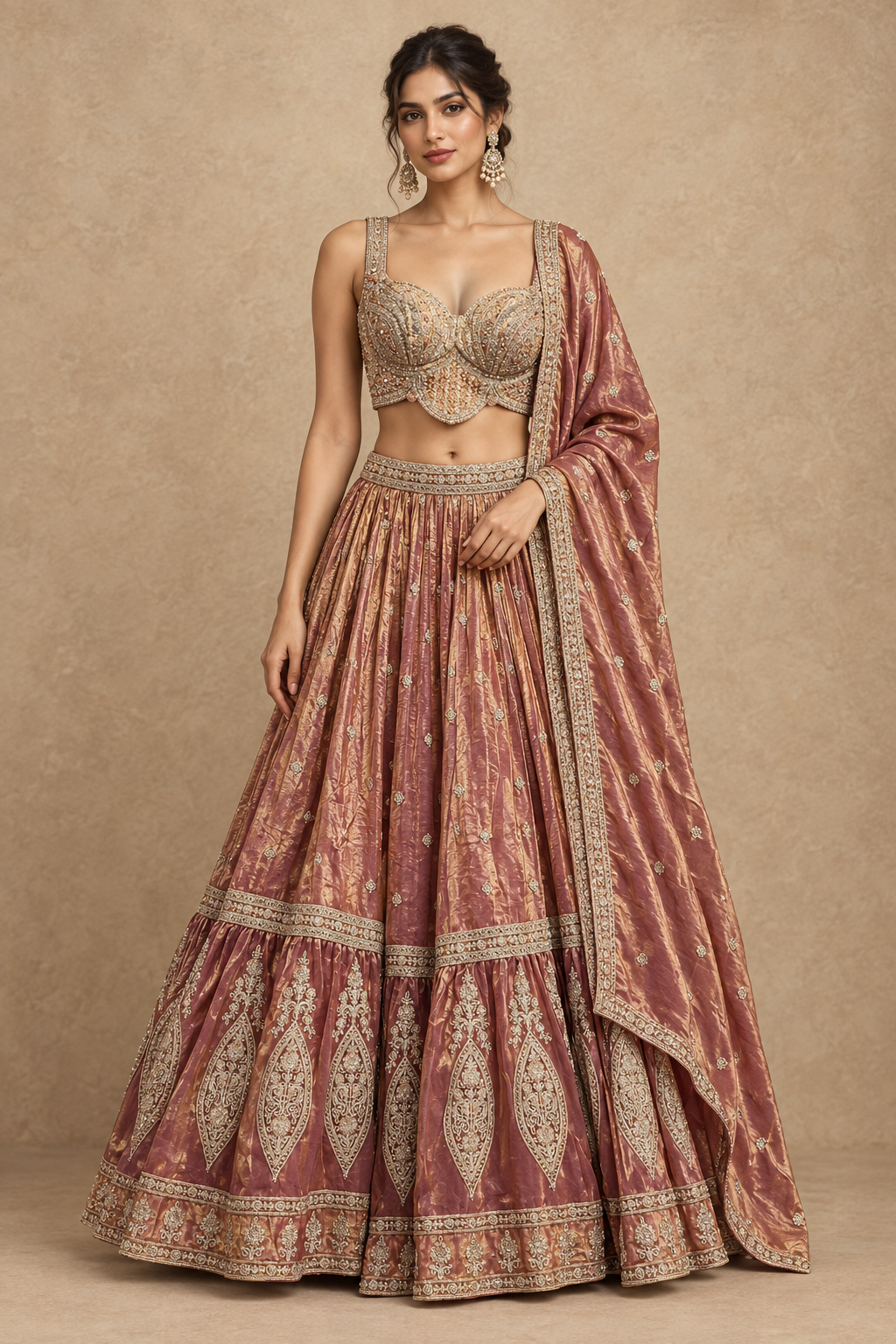 Model wearing a dusty rose embroidered lehenga with sleeveless blouse and matching dupatta against a neutral backdrop