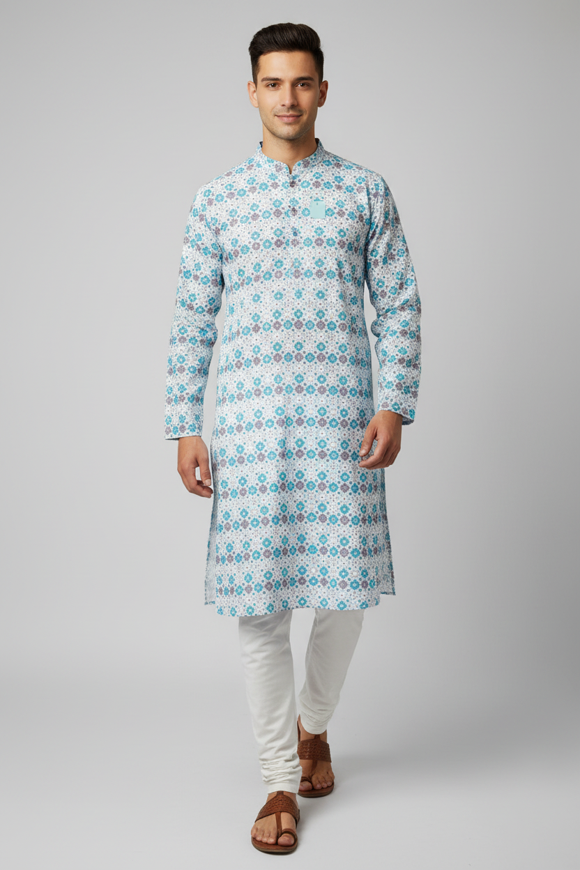 Male model wearing teal geometric print kurta set with kolhapuri sandals - walking pose