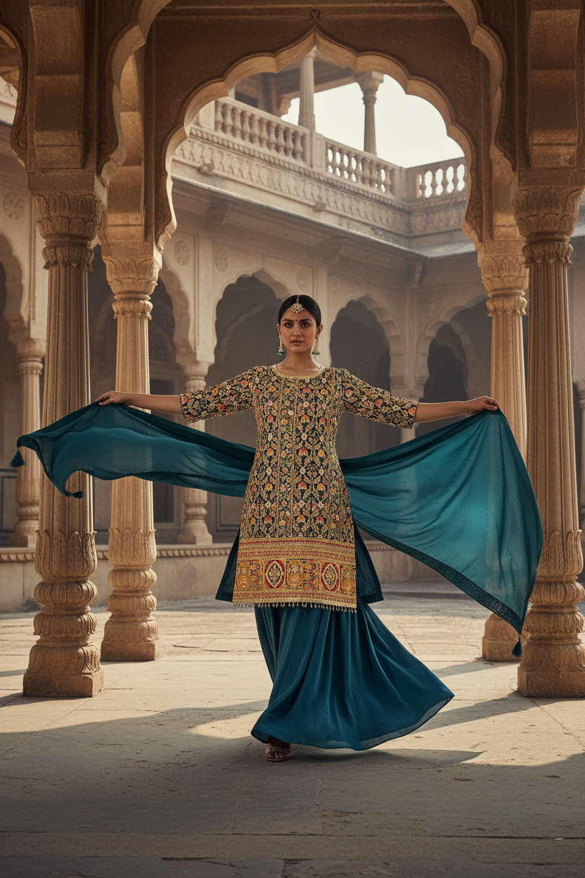 Teal Embroidered Sharara Set