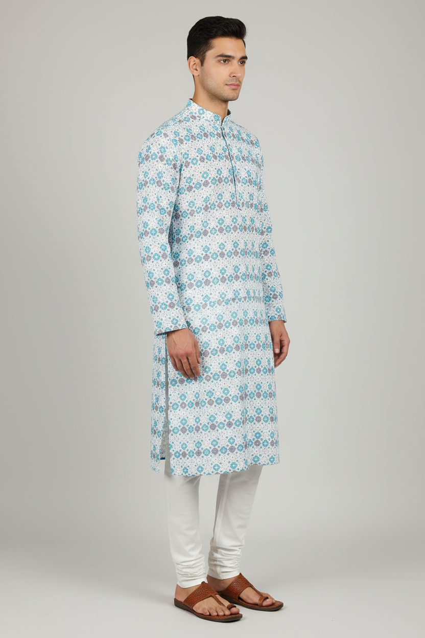Male model wearing teal geometric print kurta set with kolhapuri sandals - side profile