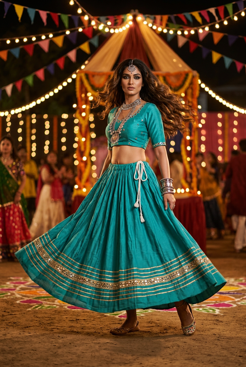 High-fashion model in a teal Garba skirt with gold-tone stripes and mirror-work hem at a Navratri festival, full-length view