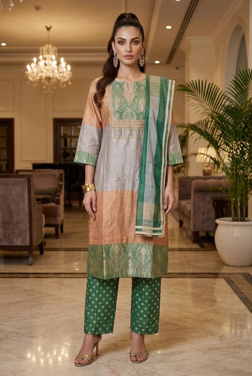 Front view of peach and green three-piece suit styled with a high ponytail and gold heels