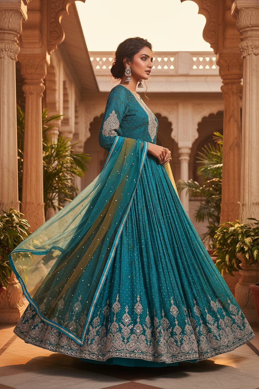Teal Silver Anarkali Gown Set
