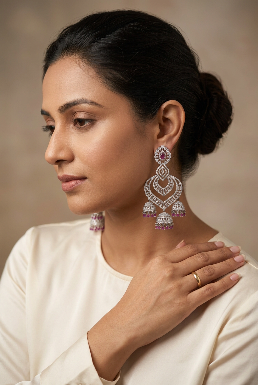 Purple Silver-Tone Chandbali Jhumka Earrings