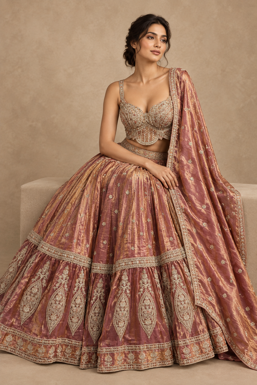 Seated model wearing a dusty rose embroidered lehenga set against a warm neutral textured backdrop