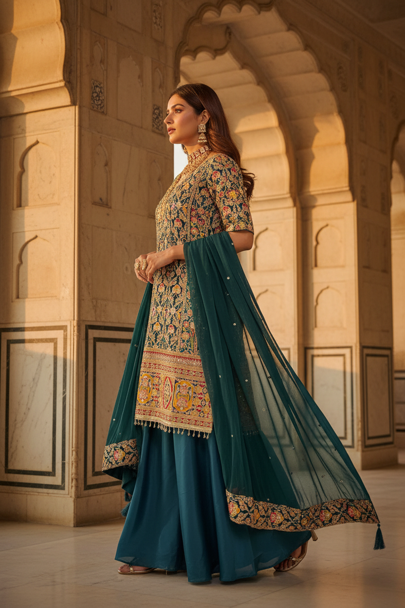 Teal Embroidered Sharara Set