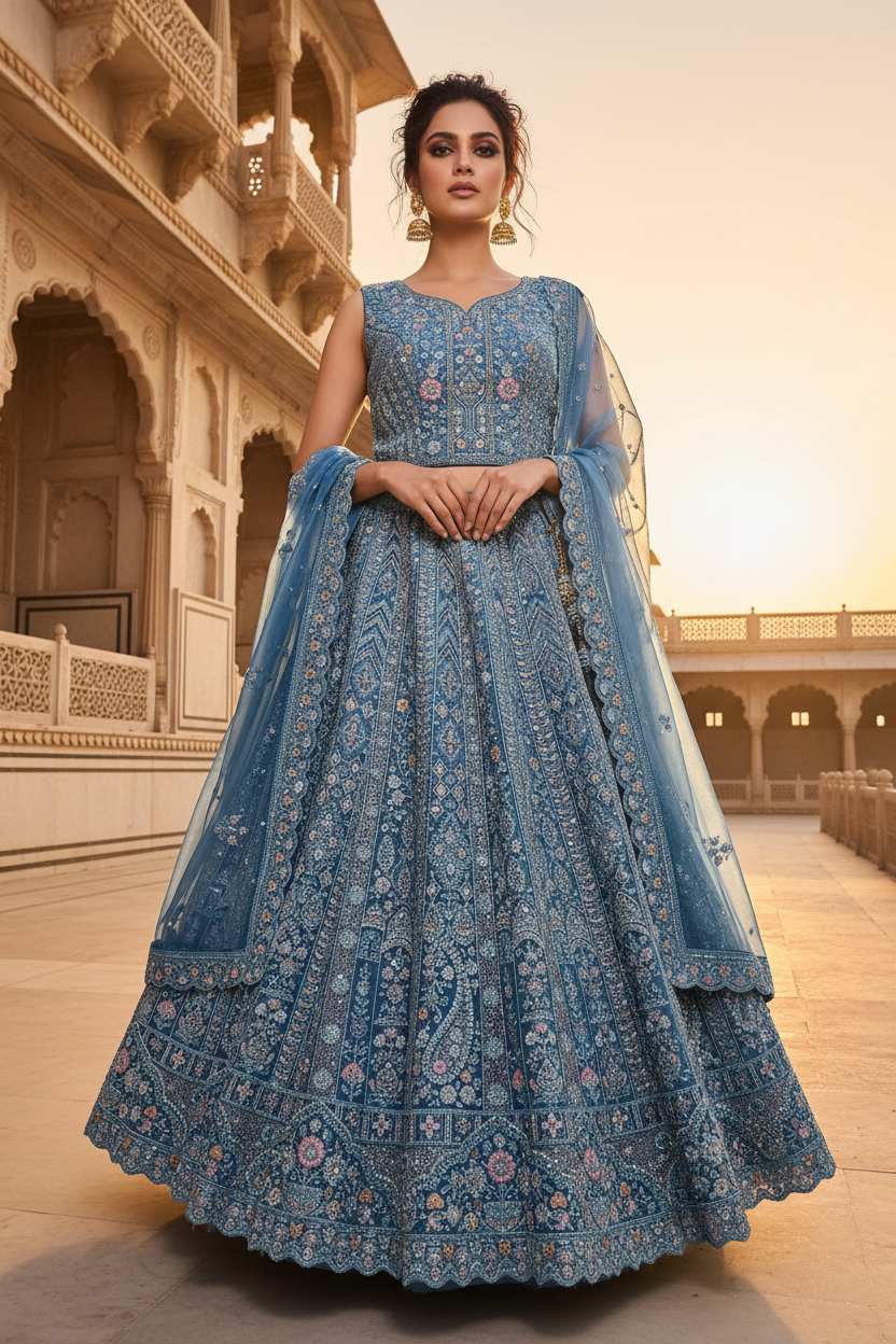 Azure Bloom Bridal Lehenga Set - Front Pose
