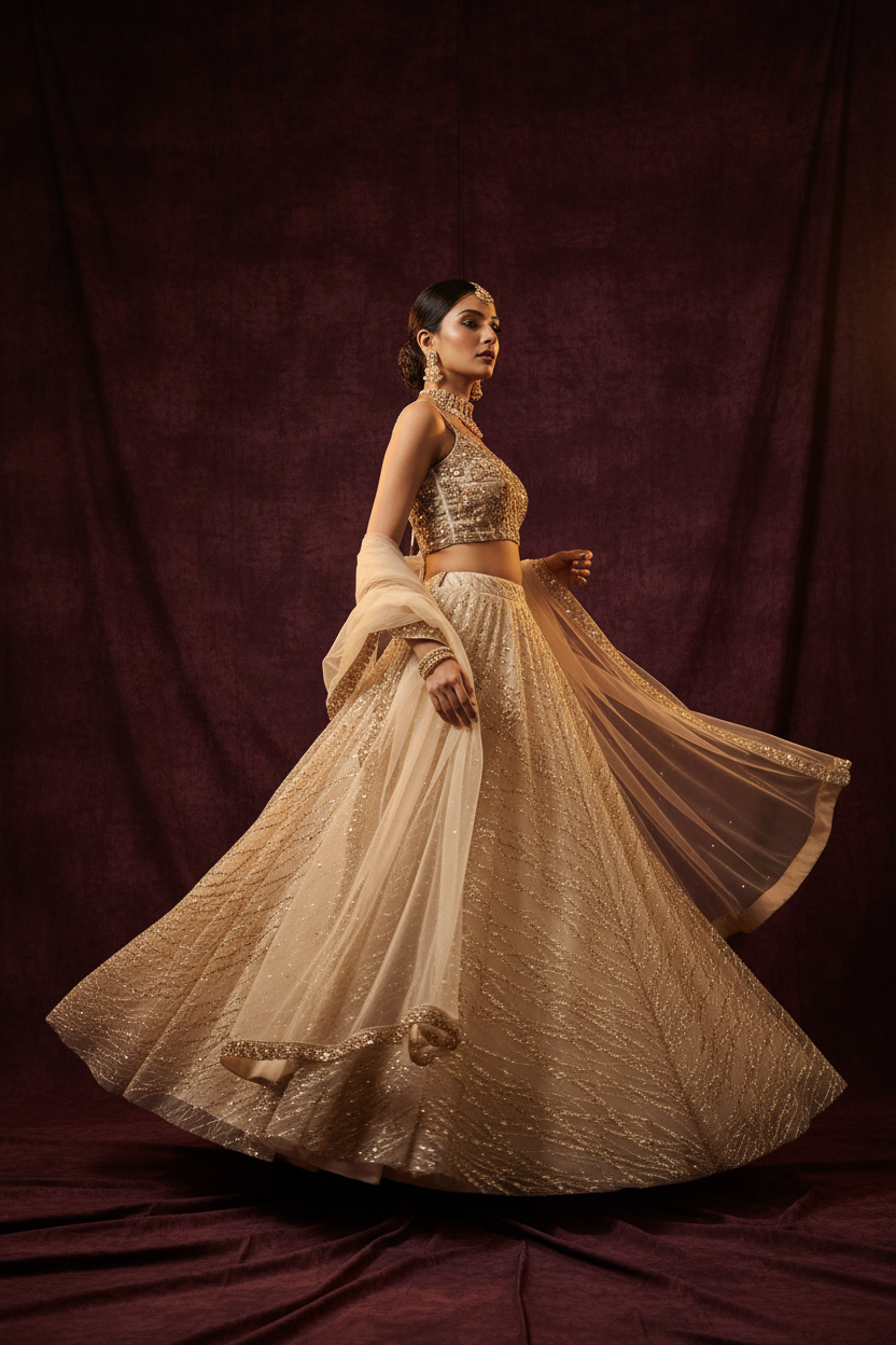 Ivory gold bridal lehenga - walking pose with dupatta in motion