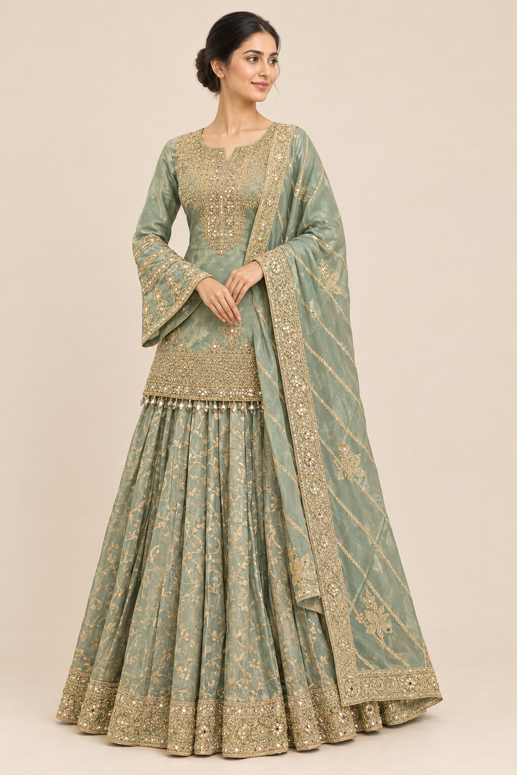 Angled view of a female model in a sage-green lehenga with gold-toned floral detailing and a matching bordered dupatta
