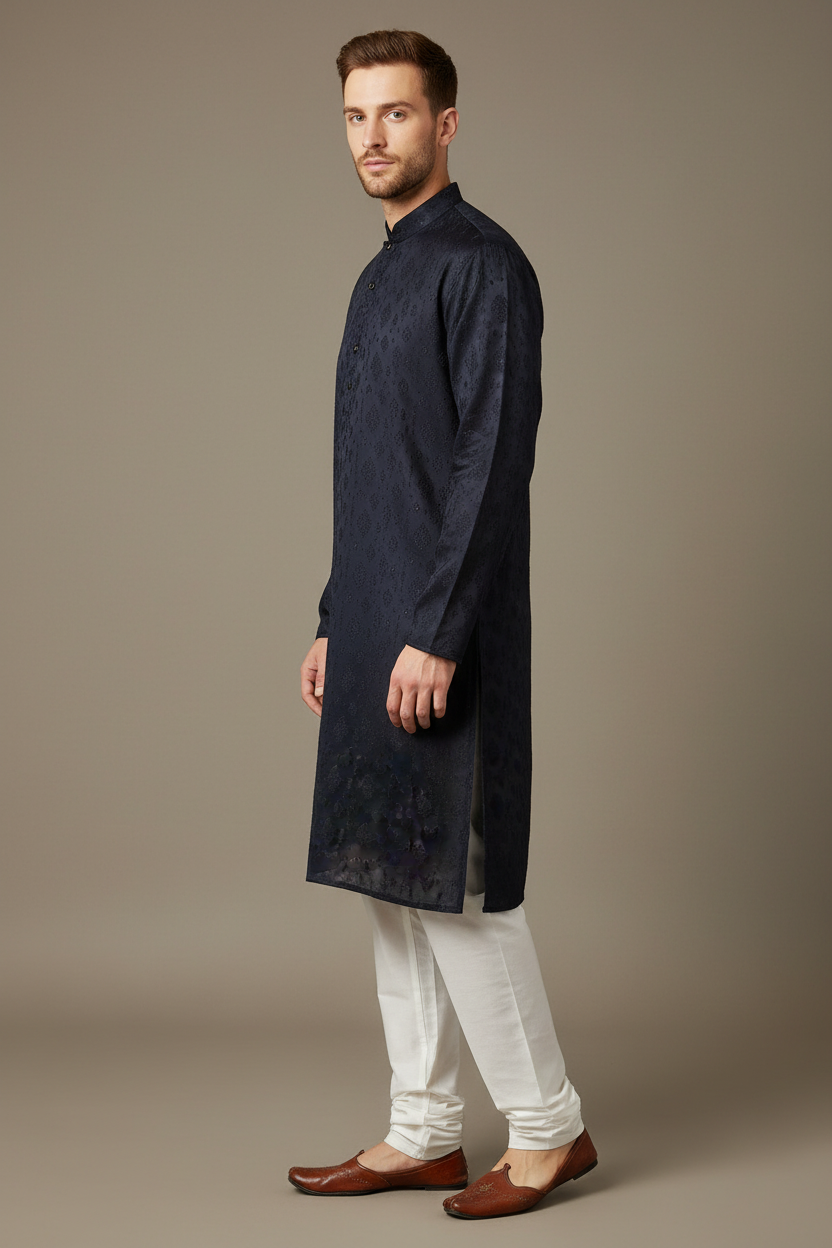 Navy embroidered kurta set side profile on male model with white pajama and mojari footwear