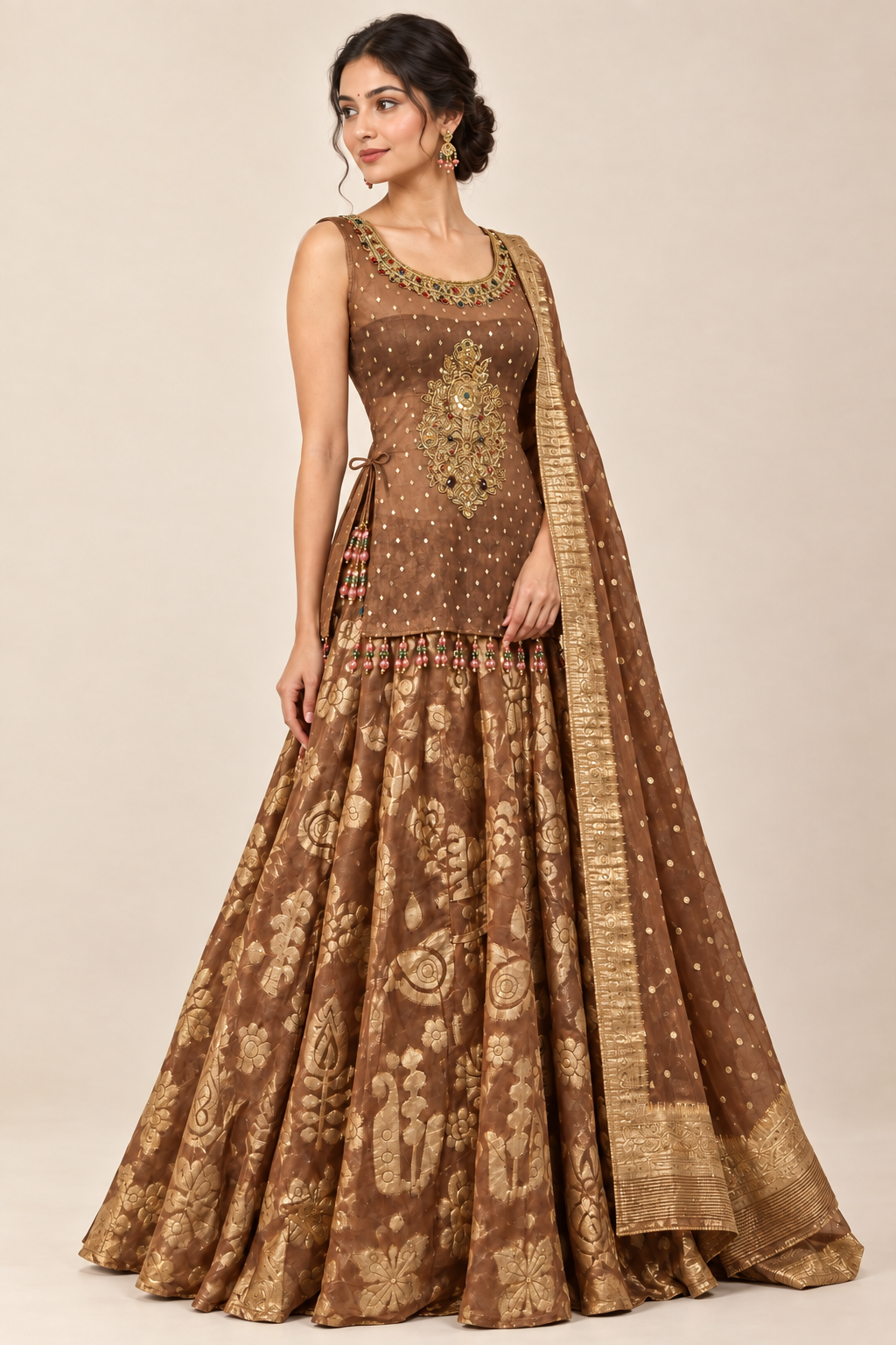 Three-quarter model view of bronze gold lehenga with translucent net blouse, side ties and beaded fringe