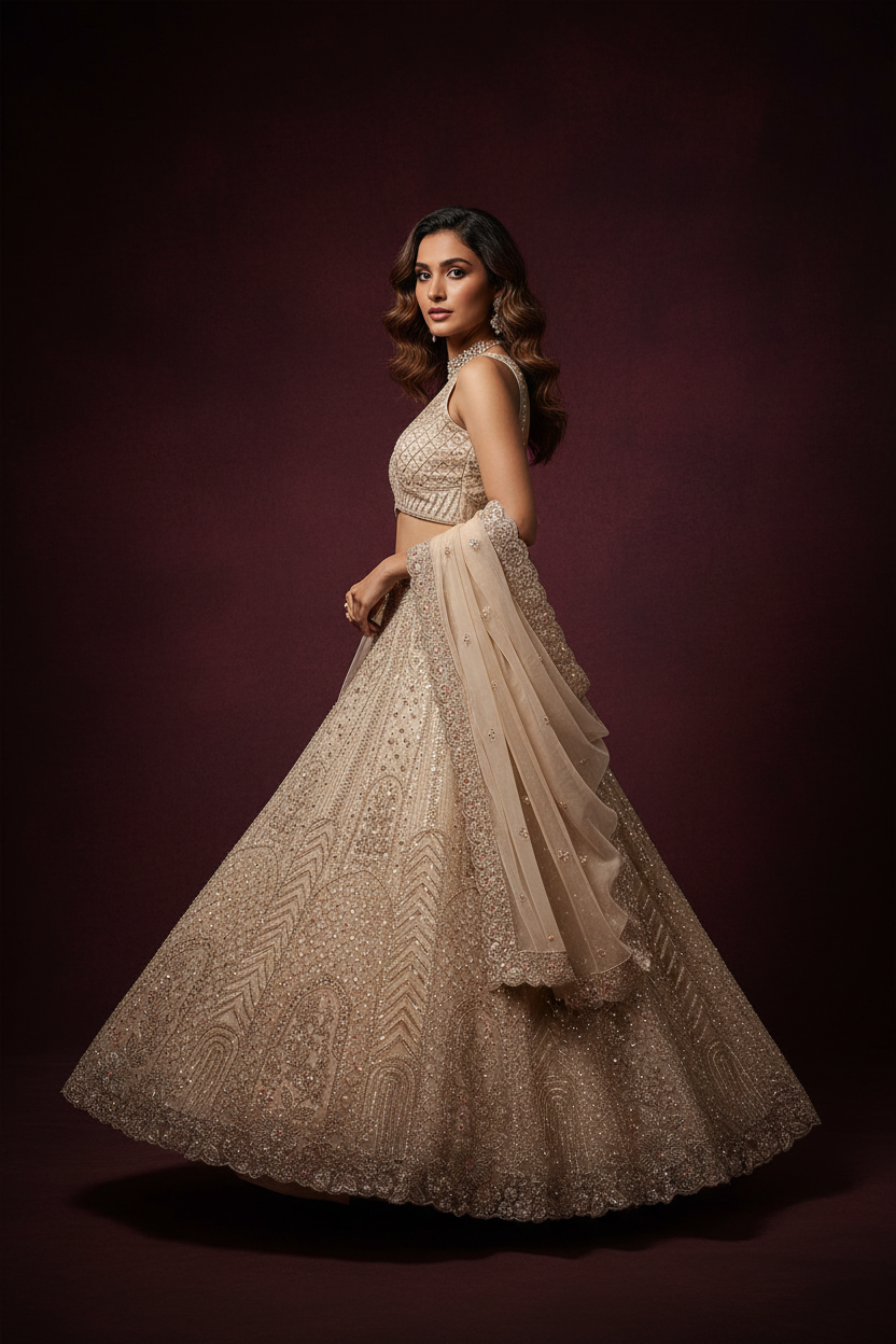 Ivory sequin bridal lehenga – over-the-shoulder pose, dark maroon background