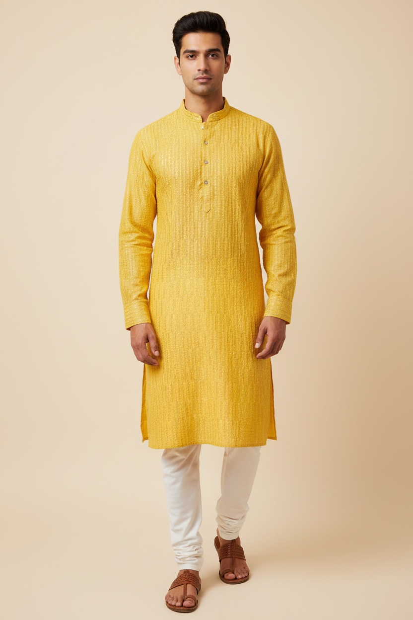 Male model wearing yellow chikankari kurta set with kolhapuri sandals - front pose