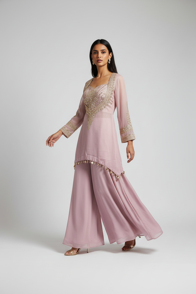 Dusty Rose Embroidered Sharara Set with Dupatta