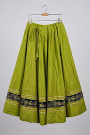 Full Garba skirt showing adjustable drawstring waist, embroidered lower border and bottom hem
