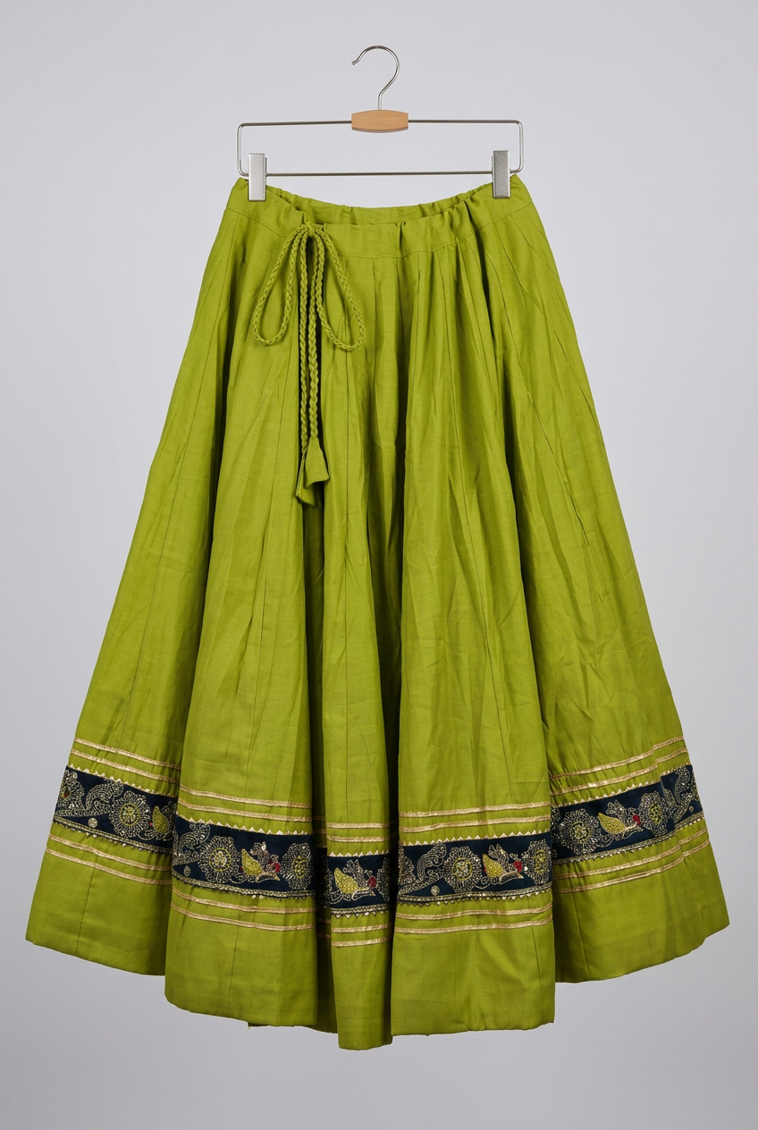 Full Garba skirt showing adjustable drawstring waist, embroidered lower border and bottom hem