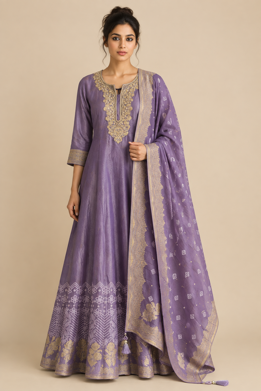 Front view of dusty lavender embroidered gown with matching gold-bordered dupatta
