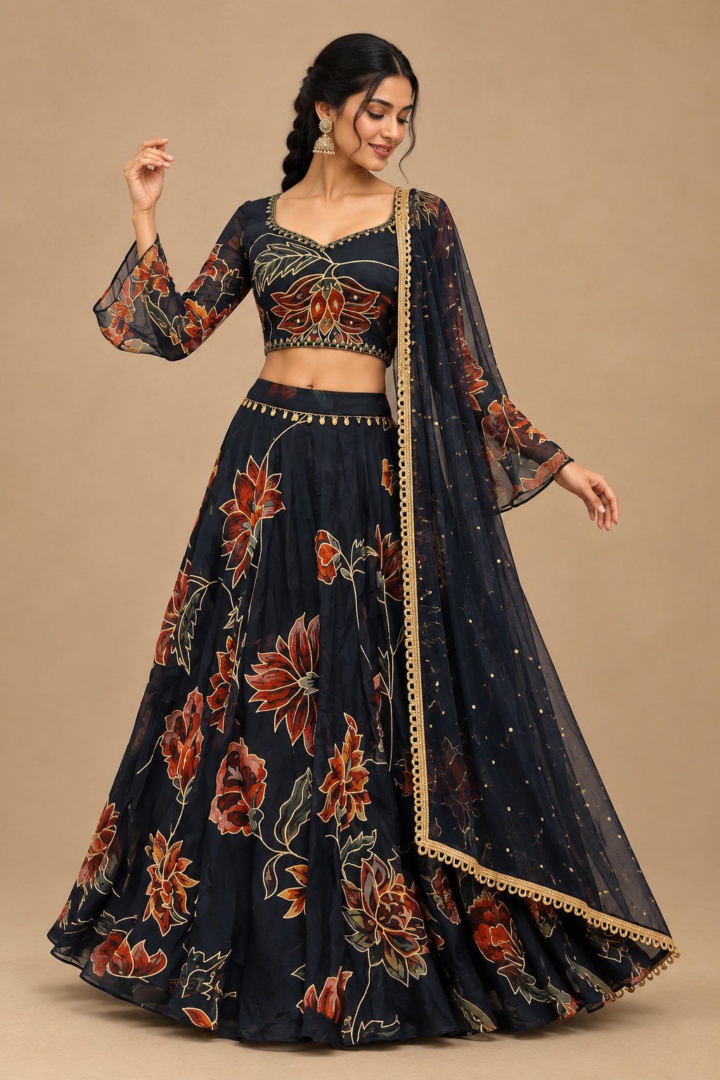 Front view of female model in dark floral Garba lehenga, matching blouse and sheer gold-trimmed dupatta