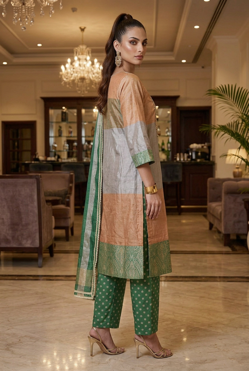 Side view of peach and silvery-taupe kurta with green patterned trousers and striped dupatta