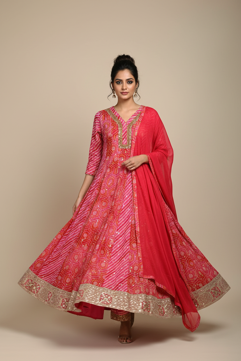 Walking pose - Hot Pink Honeycomb Anarkali with dupatta