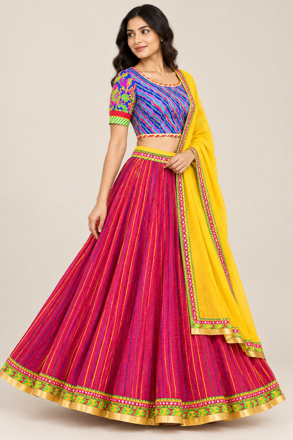 Model in three-quarter view wearing magenta striped lehenga and multicolored choli