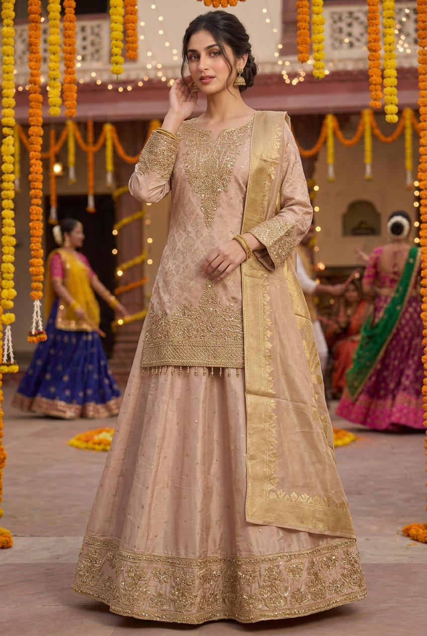 Front view of champagne gold lehenga on a model with soft updo in a festive Garba courtyard