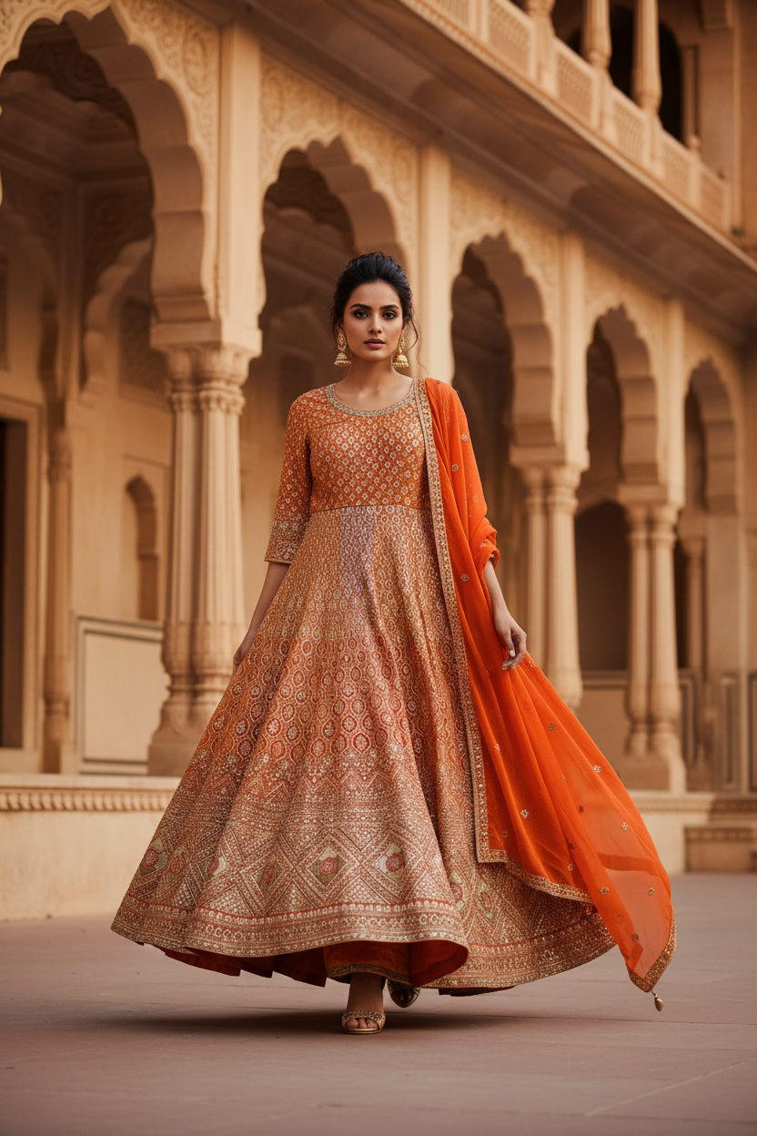 Ember Gold Anarkali Set - Walking Pose