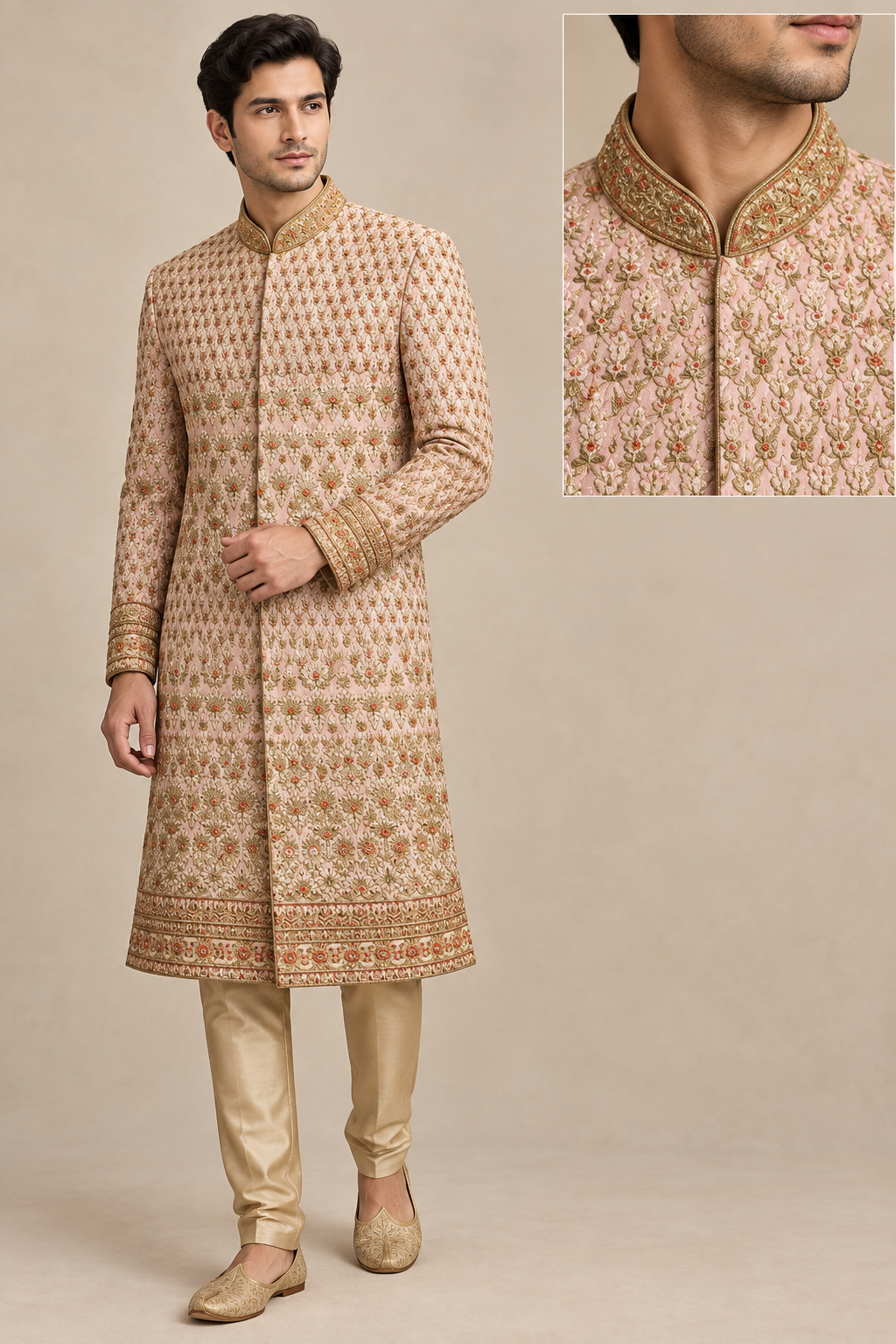 Model in blush and gold floral sherwani, front three-quarter view with collar inset