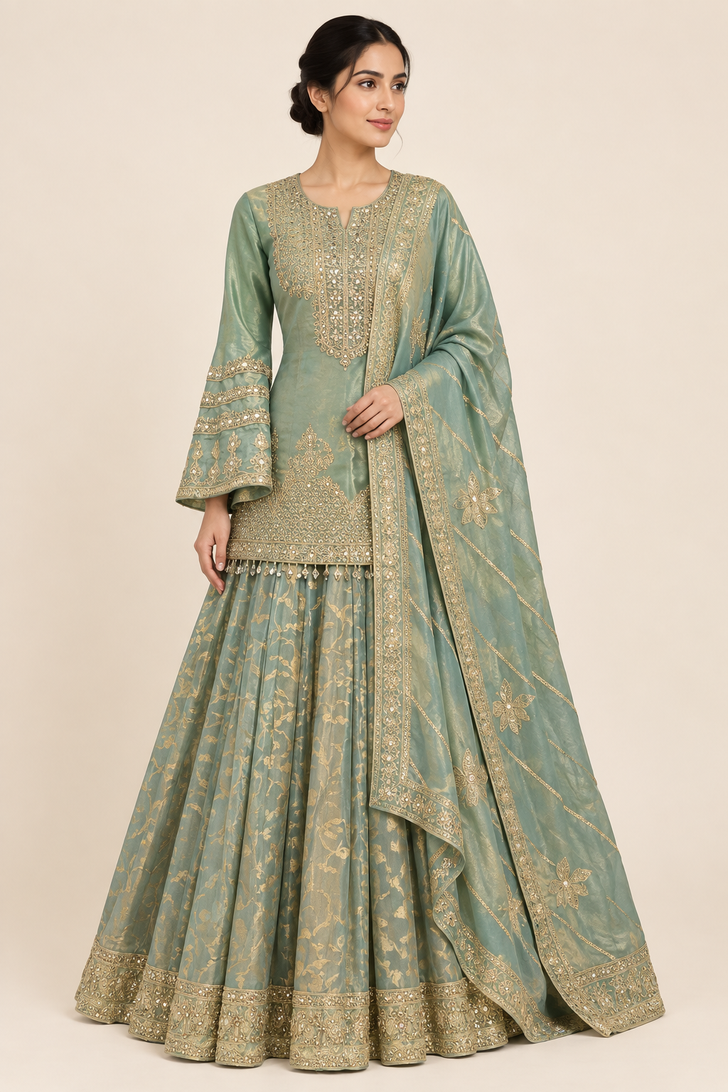 Three-quarter fashion view of a sage-green lehenga ensemble showing the long embellished blouse, flared sleeve cuffs, and skirt border