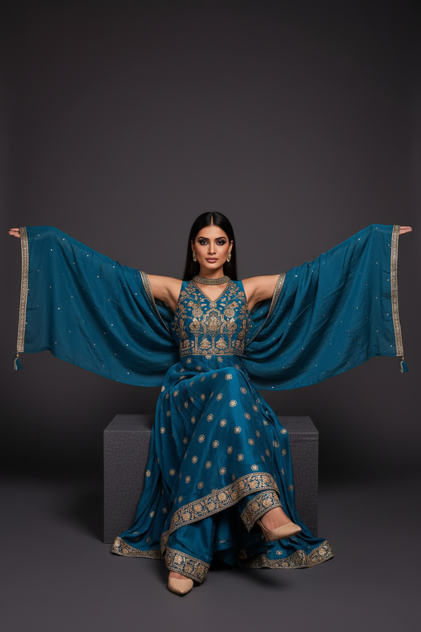Teal embroidered sharara set - seated pose showing embroidery detail