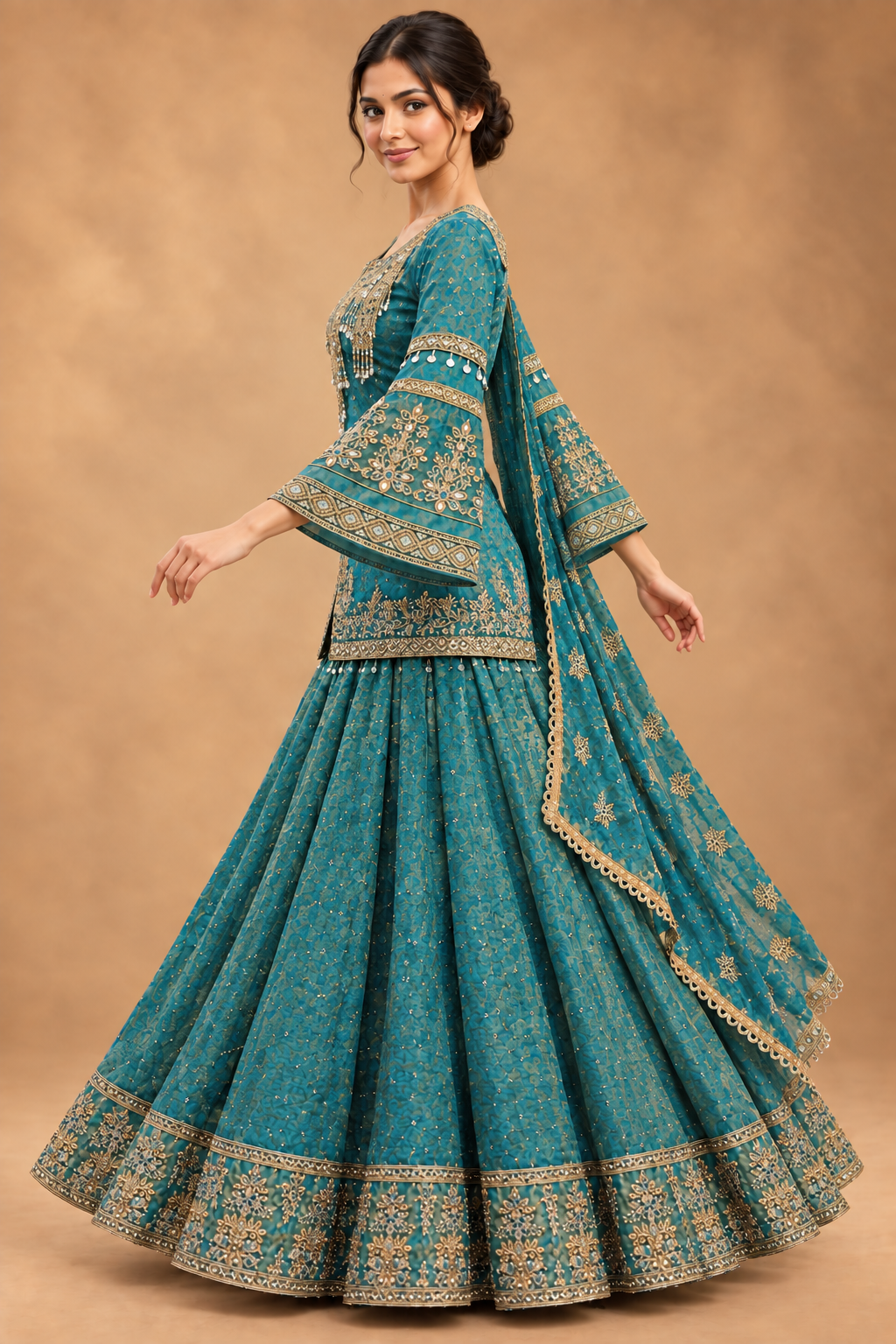 Side view of a female model in a teal gold lehenga set showing flared bell sleeves and a bordered dupatta
