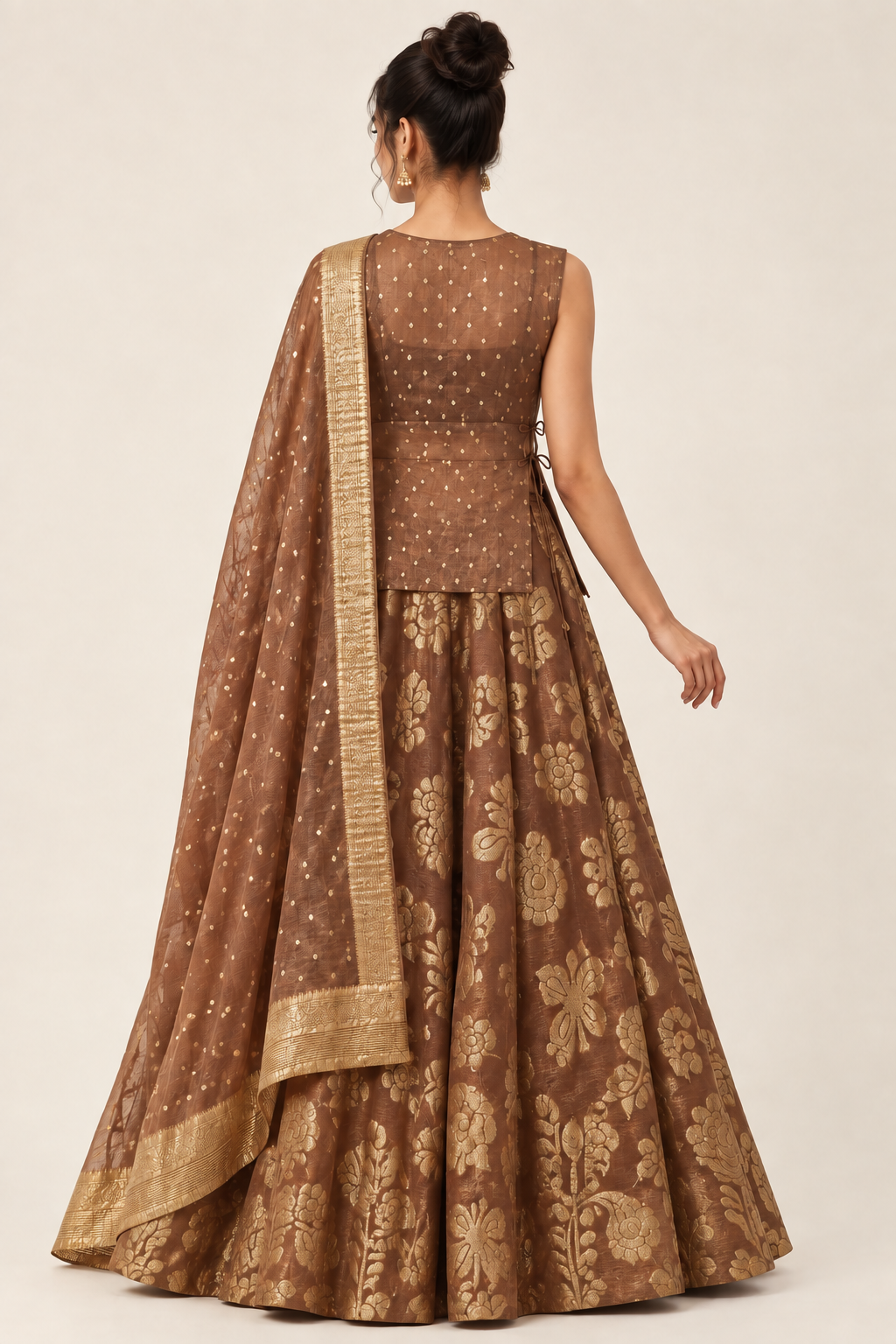 Back model view of bronze gold lehenga showing sheer dotted net blouse back and gold-bordered dupatta