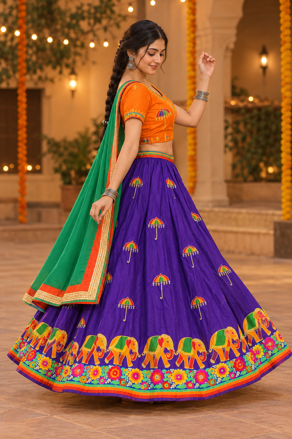 Model wearing the purple umbrella-motif Garba lehenga set with orange choli and green dupatta, side view